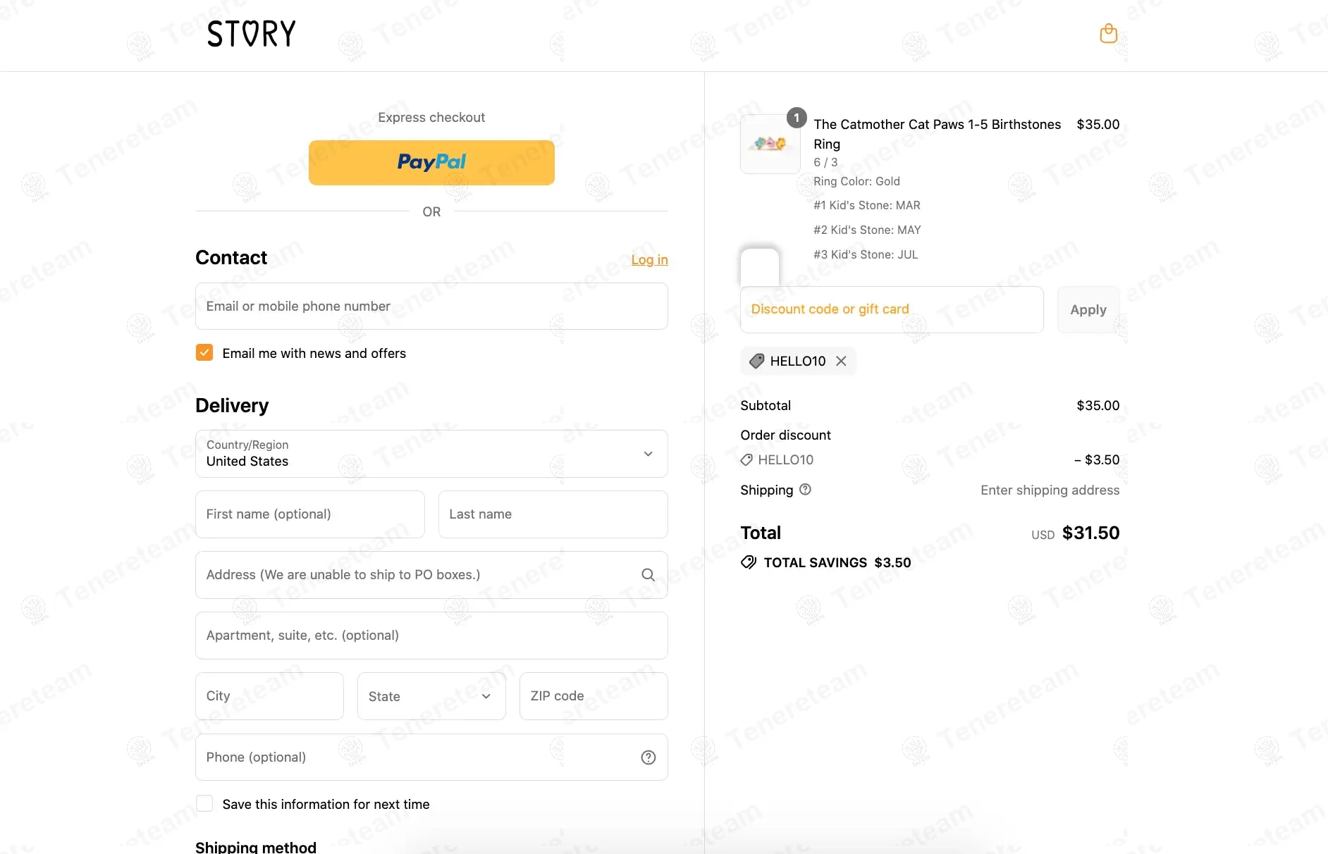 Story Jewellery coupon code: 10% off with HELLO10. Tested and valid as 9 months ago.