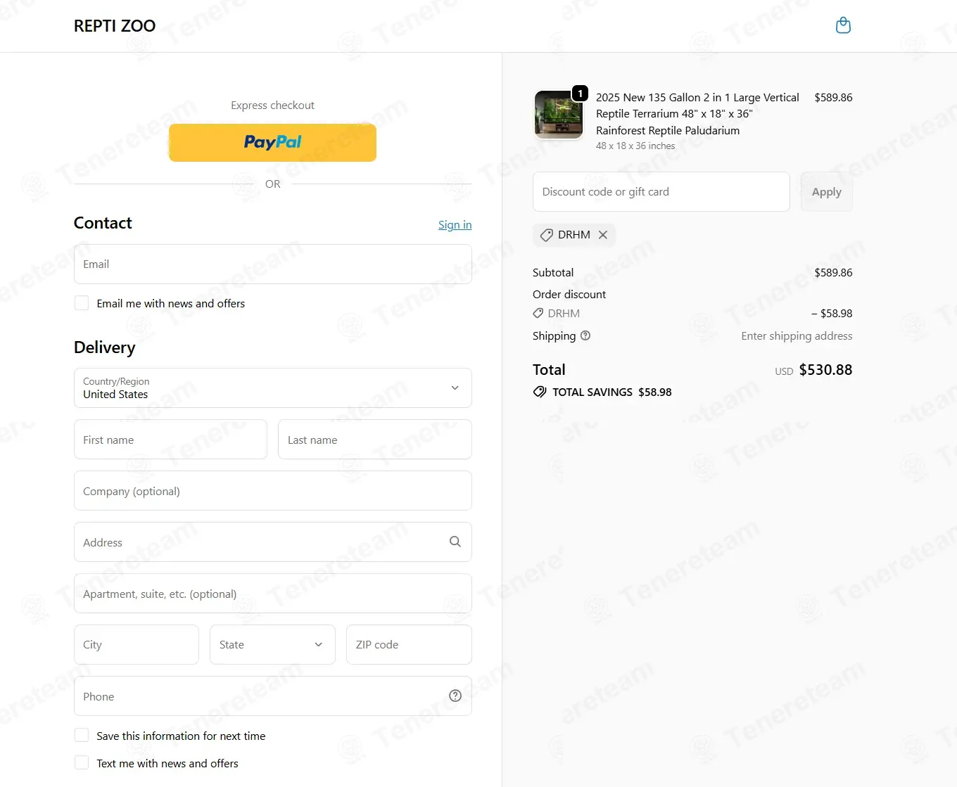 Repti Zoo Store coupon code: 10% off with DRHM. Tested and valid as 5 months ago.