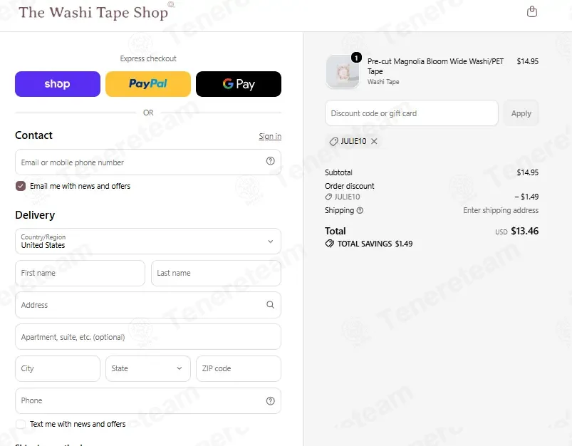 The Washi Tape Shop coupon code: 10% off with JULIE10. Tested and valid as 2 weeks ago.