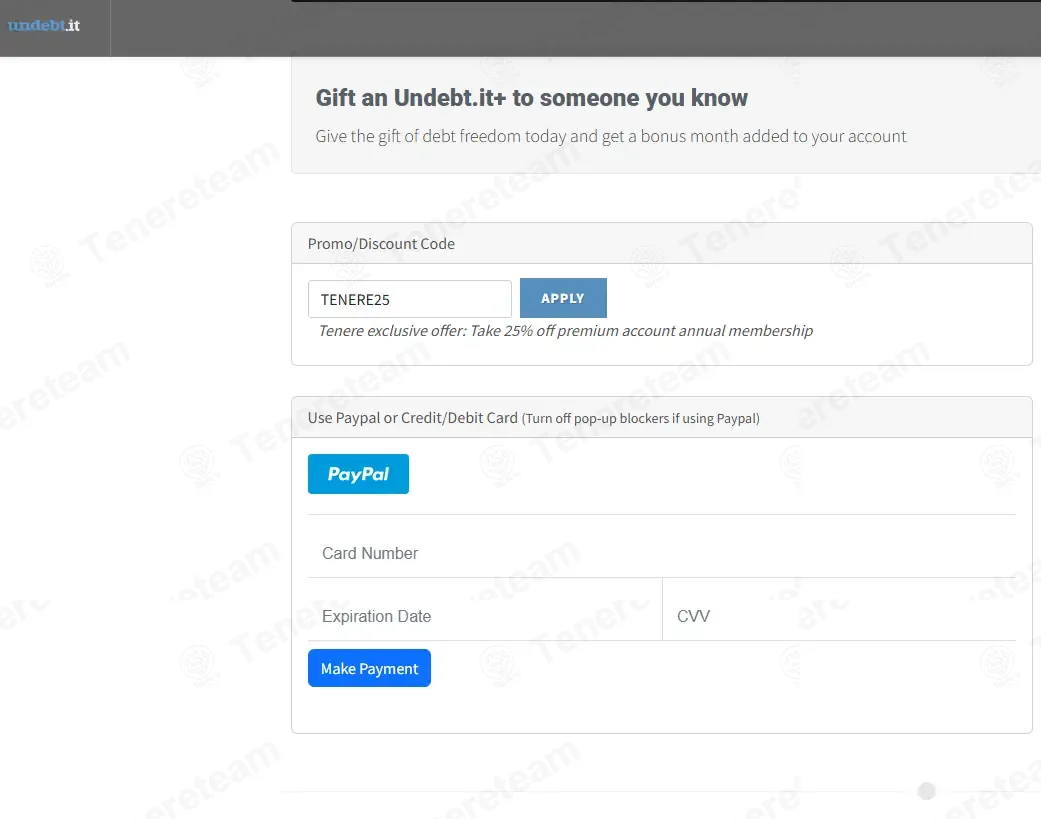 Undebt.it coupon code: 20% off with TENERE25. Tested and valid as 4 weeks ago.