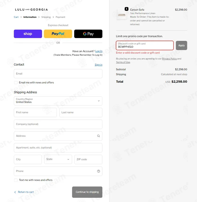 Lulu And Georgia coupon code: 10% off with BCMPP4510. Tested and valid as 3 weeks ago.