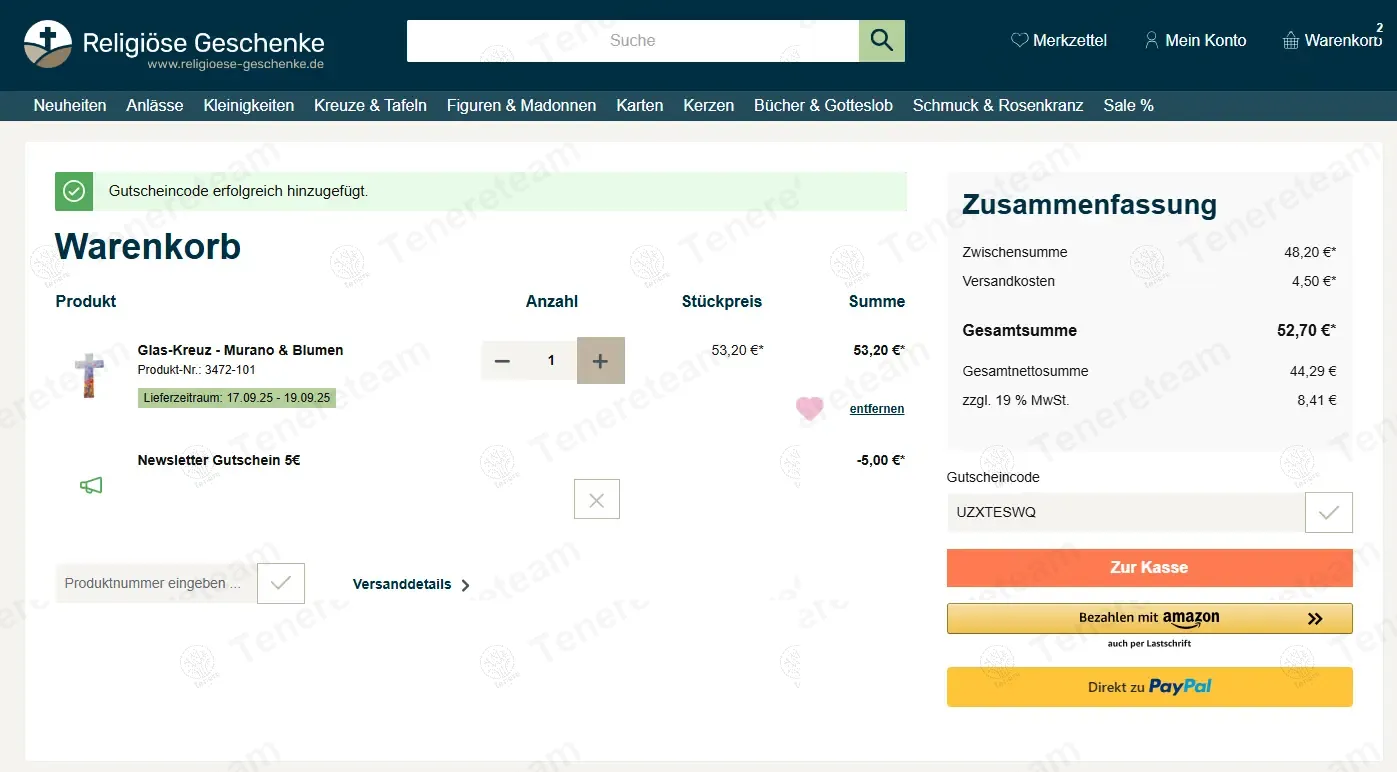 Religiöse Geschenke DE coupon code: €5 off with UZXTESWQ. Tested and valid as 9 months ago.