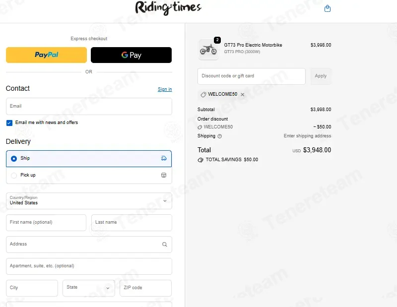 Rider T coupon code: $50 off with WELCOME50. Tested and valid as 1 month ago.