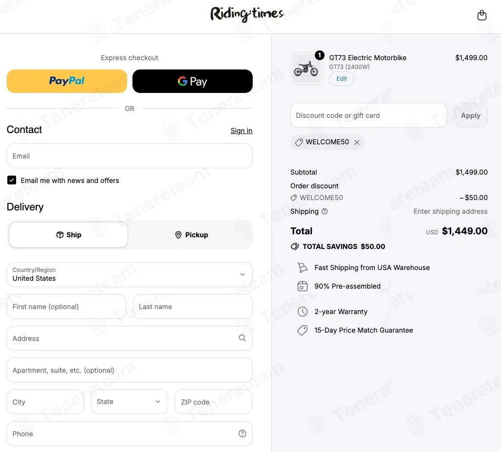 Rider T coupon code: $50 off with WELCOME50. Tested and valid as 1 month ago.