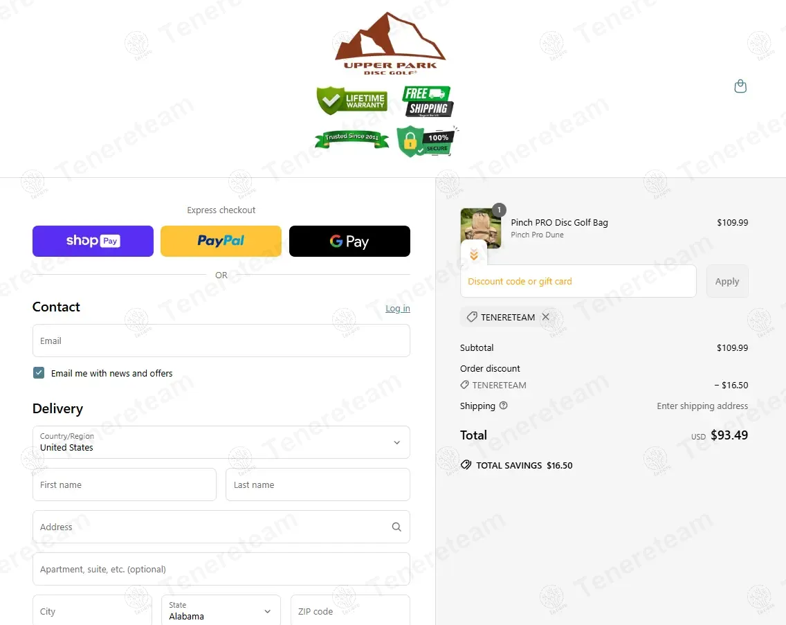 Upper Park Disc Golf coupon code: 15% off with TENERETEAM. Tested and valid as 5 months ago.
