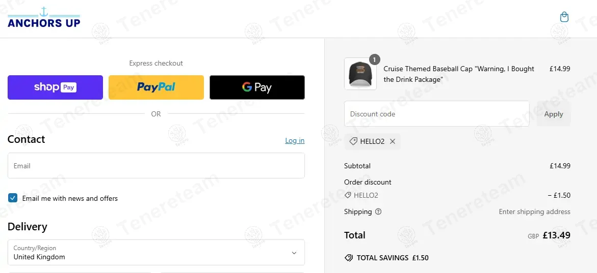 Anchors Up coupon code: 10% off with hello2. Tested and valid as 1 year ago.