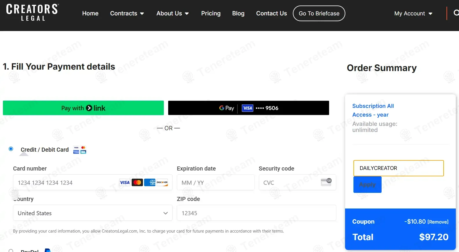Creators Legal coupon code: 10% off with DailyCreator. Tested and valid as 2 months ago.
