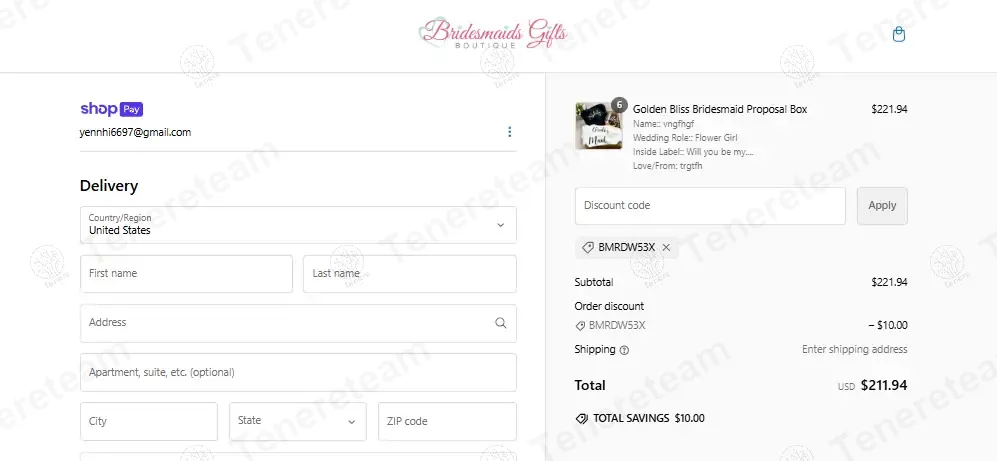 Bridesmaid Gifts Boutique coupon code: $10 off with BMRDW53X. Tested and valid as 5 months ago.