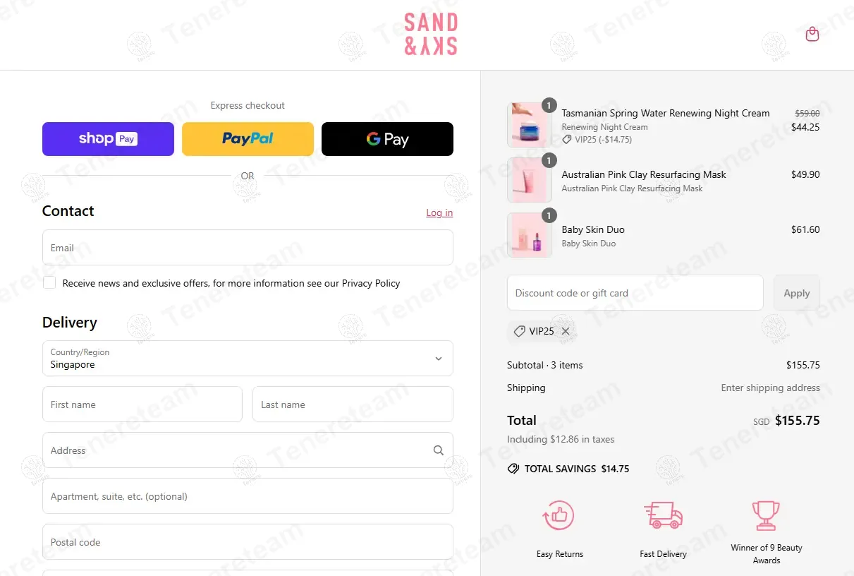 Sand & Sky coupon code: 25% off with VIP25. Tested and valid as 1 year ago.