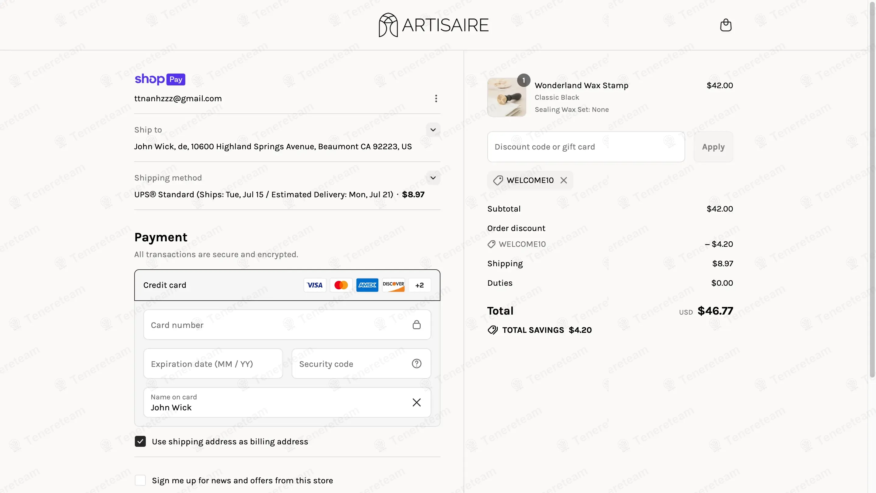 Artisaire coupon code: 10% off with WELCOME10. Tested and valid as 8 months ago.