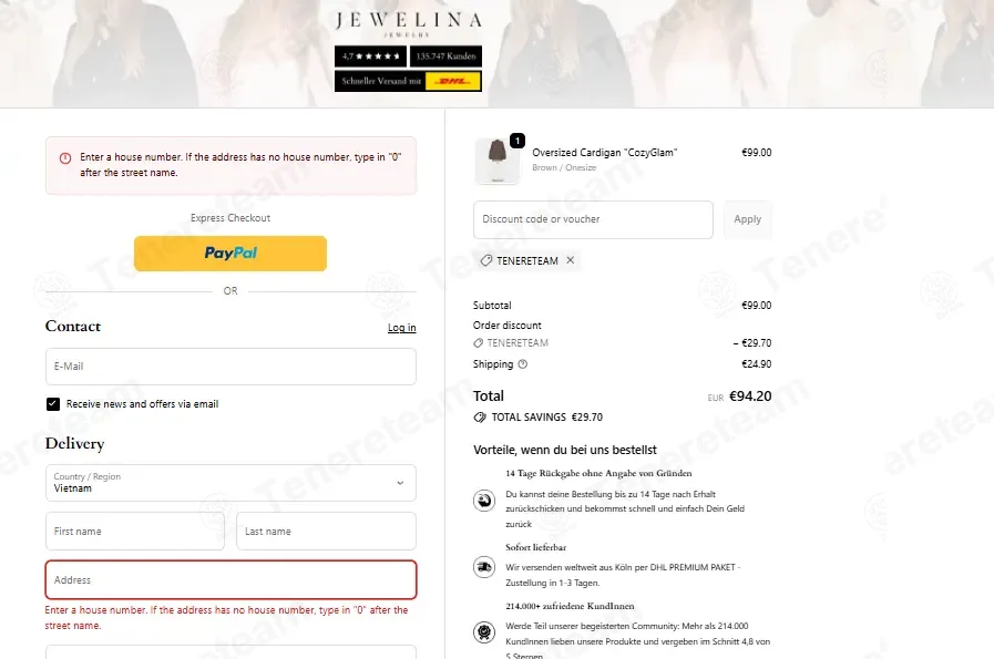 Jewelina coupon code: 30% off with TENERETEAM. Tested and valid as 1 month ago.