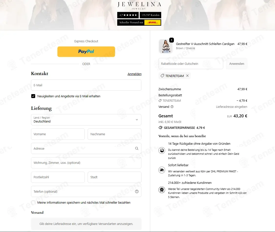 Jewelina coupon code: 30% off with TENERETEAM. Tested and valid as 1 month ago.
