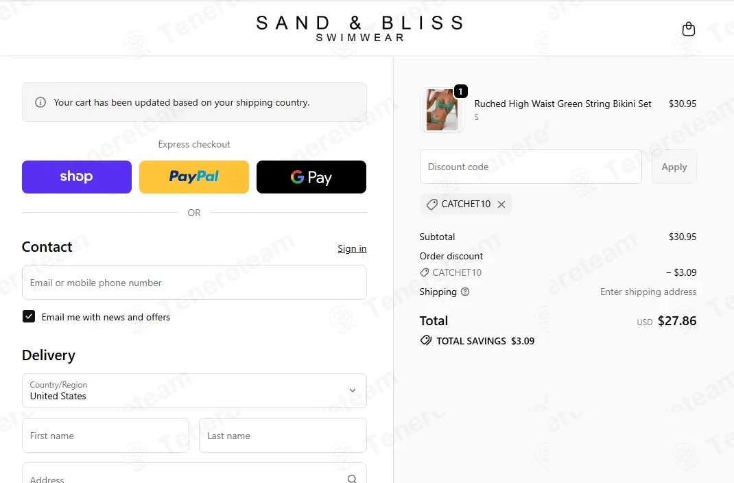 Sand & Bliss Swimwear coupon code: 10% off with CATCHET10. Tested and valid as 8 months ago.