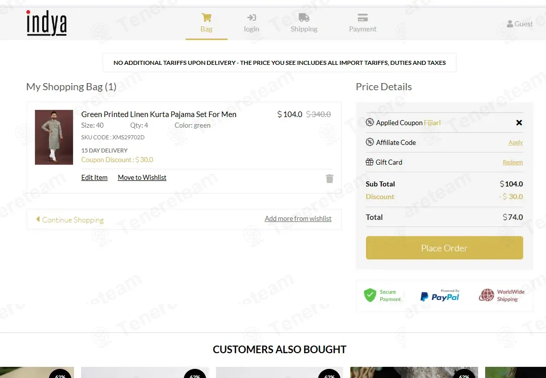 Indya coupon code: 30% off with fijiari. Tested and valid as 9 months ago.