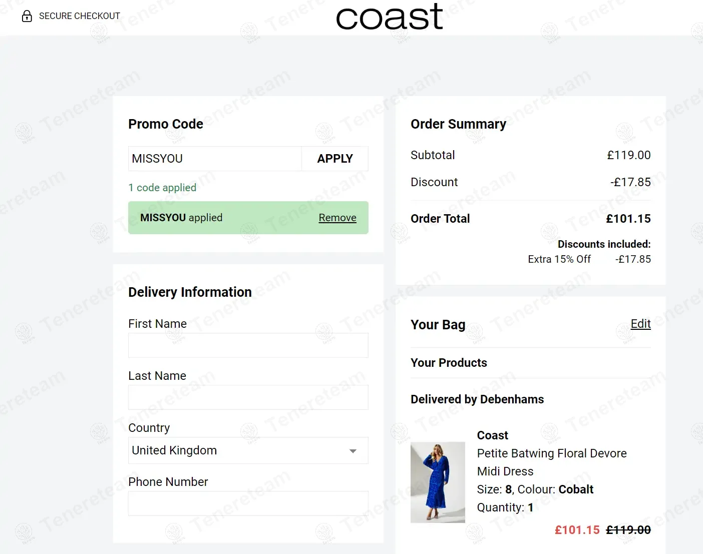 Coast Fashion coupon code: 15% off with MISSYOU. Tested and valid as 1 year ago.