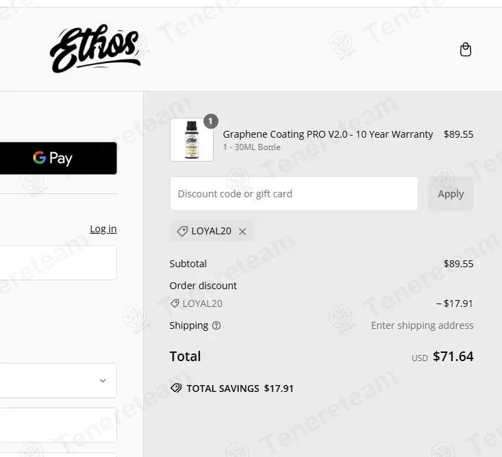 Ethos Car Care coupon code: 20% off with LOYAL20. Tested and valid as 3 weeks ago.