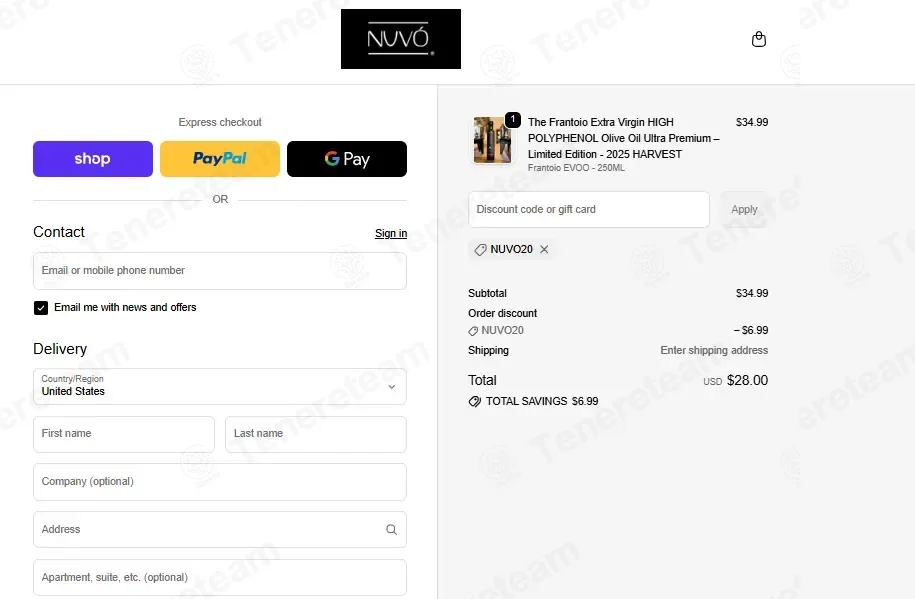 Nuvo Olive Oil coupon code: 20% off with NUVO20. Tested and valid as 1 month ago.