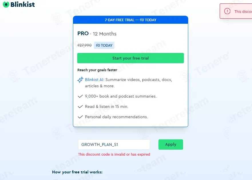 Blinkist coupon code: 51% off with GROWTH_PLAN_51. Tested and valid as 2 months ago.