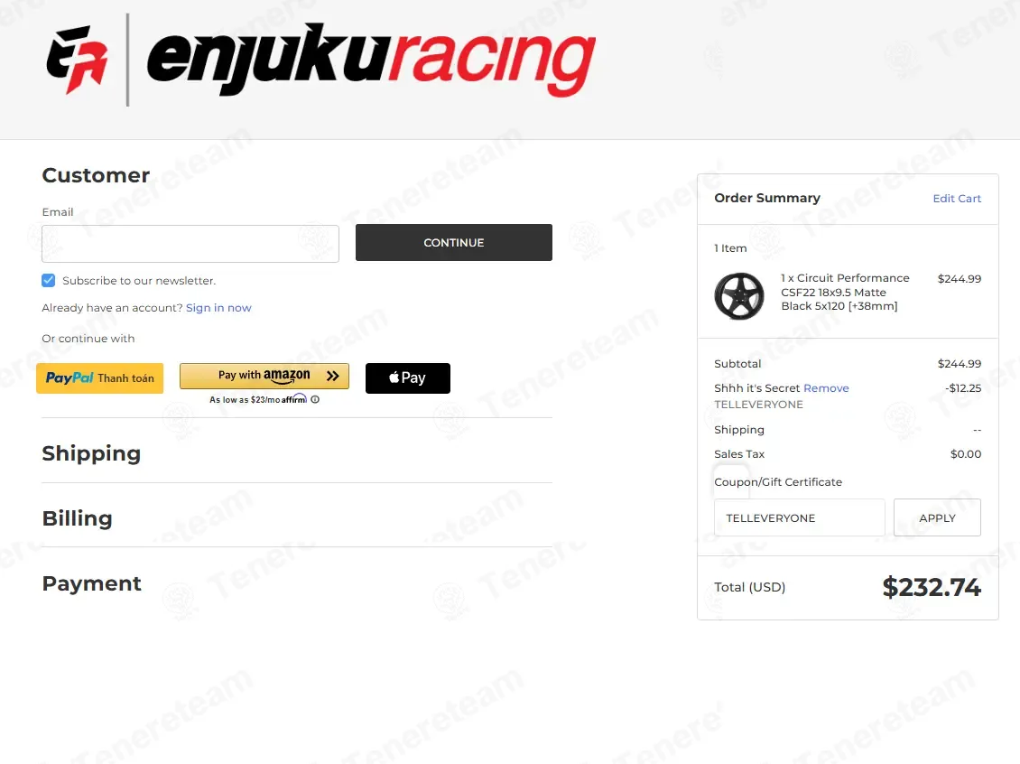 Enjuku Racing coupon code: 5% off with TELLEVERYONE. Tested and valid as 9 months ago.