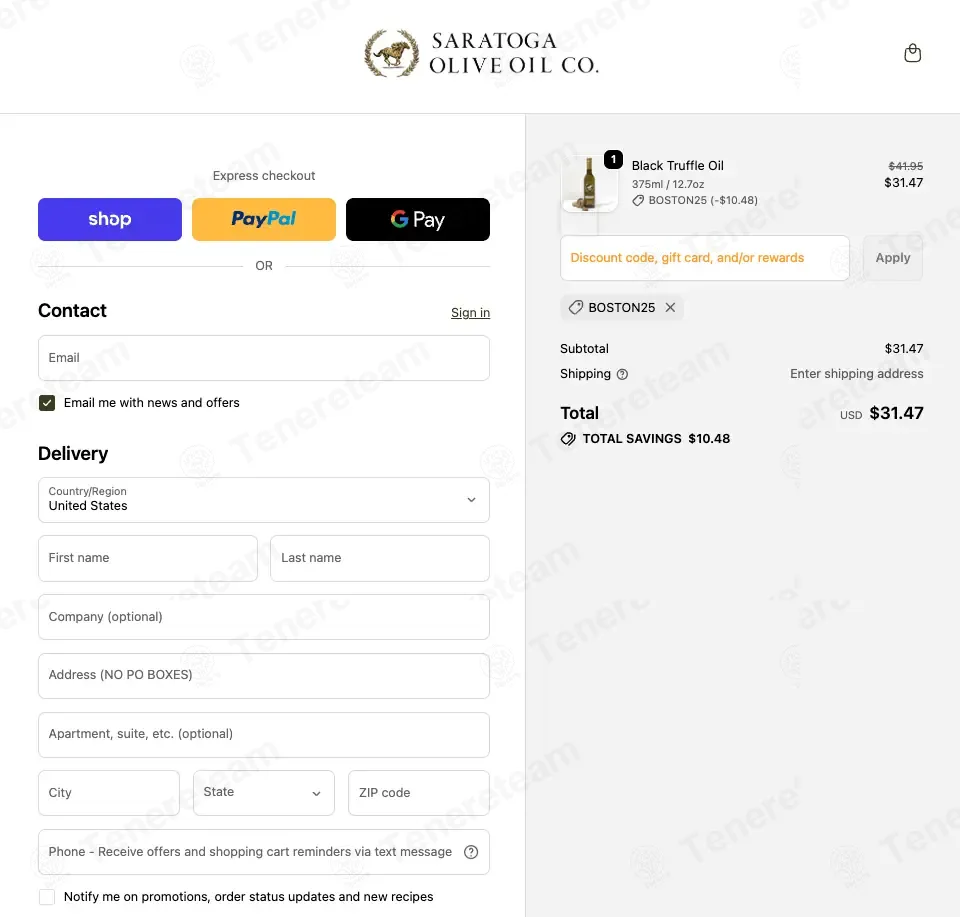 Saratoga Olive Oil coupon code: 25% off with BOSTON25. Tested and valid as 4 months ago.