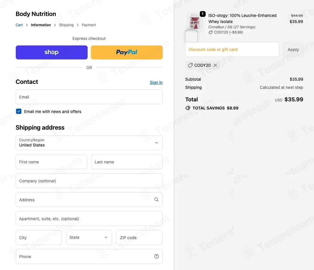 Body Nutrition coupon code: 20% off with CODY20. Tested and valid as 1 month ago.