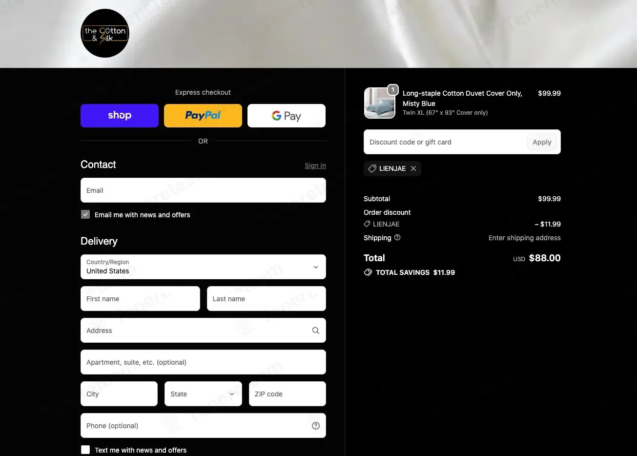 THE COTTON & SILK coupon code: 12% off with LIENJAE. Tested and valid as 1 month ago.