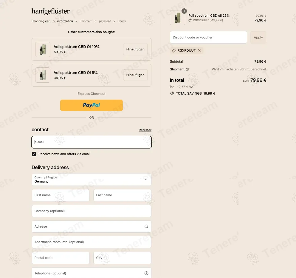 Hanfgefluester DE coupon code: 20% off with RGXRDUU7. Tested and valid as 9 months ago.