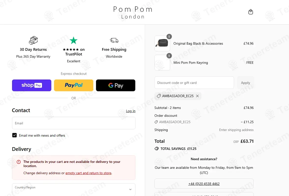 Pom Pom London coupon code: 25% off with AMBASSADOR_EC25. Tested and valid as 11 months ago.