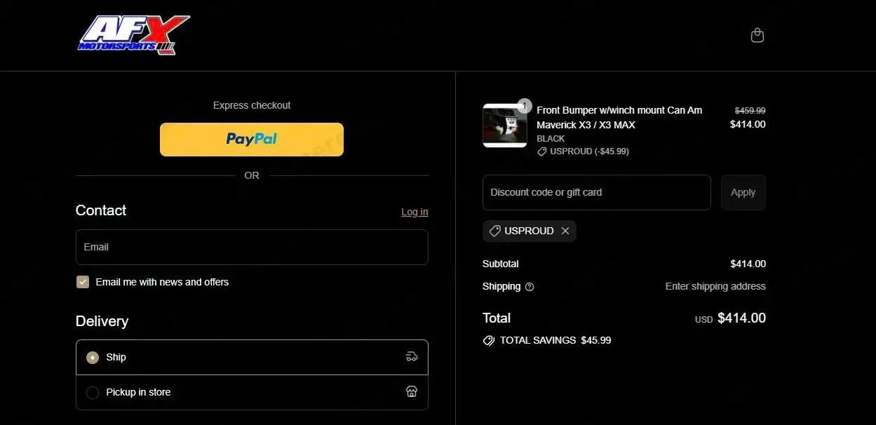 AFX Motorsports coupon code: 10% off with USPROUD. Tested and valid as 10 months ago.
