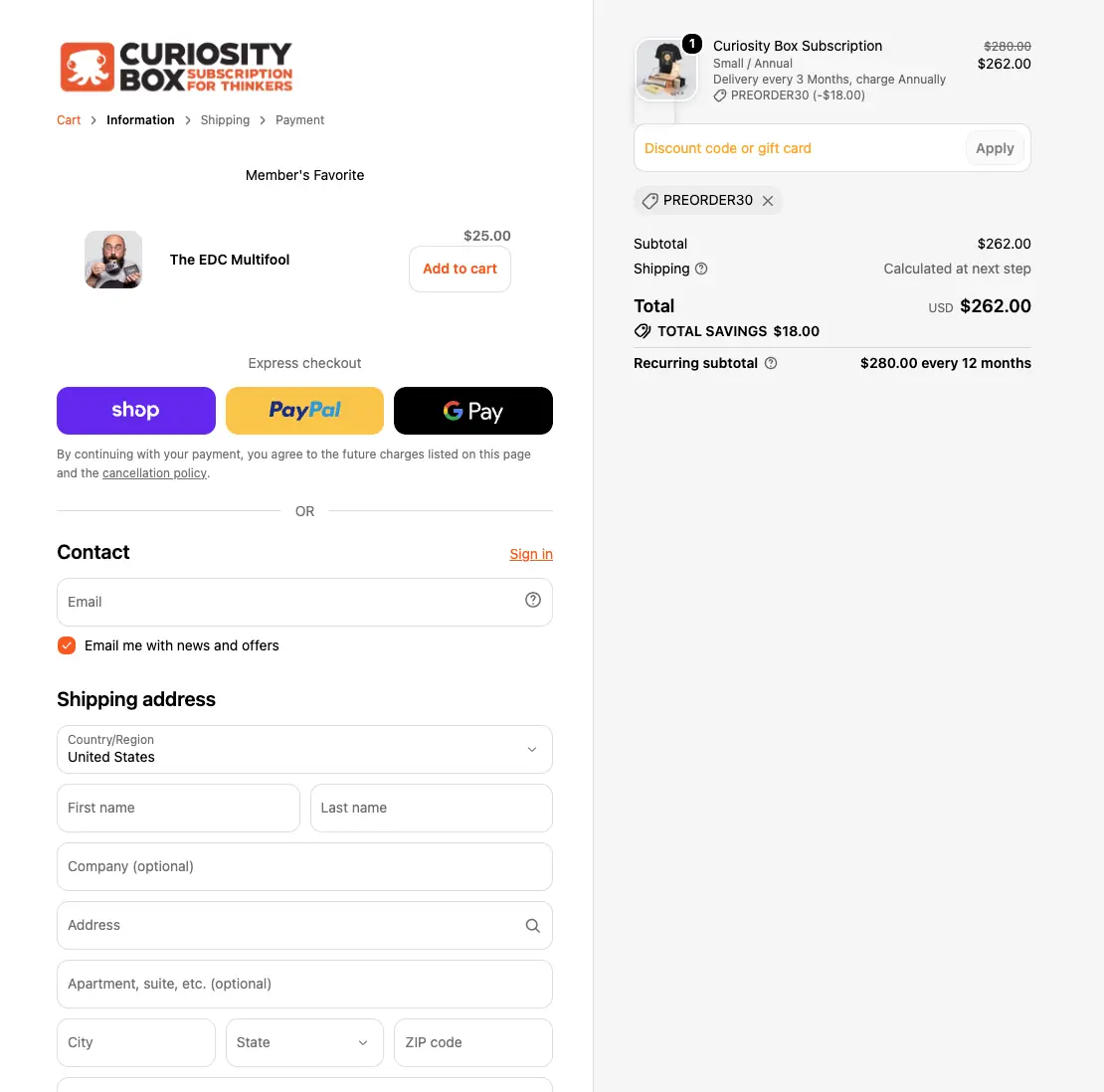 Curiosity Box coupon code verified as working at checkout