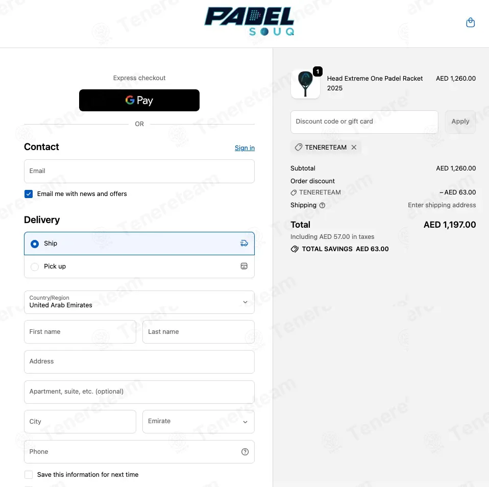 Padelsouq coupon code: 5% off with TENERETEAM. Tested and valid as 1 month ago.