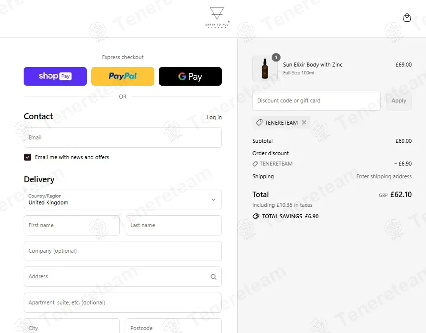 Earth To You coupon code: 10% off with TENERETEAM. Tested and valid as 1 year ago.