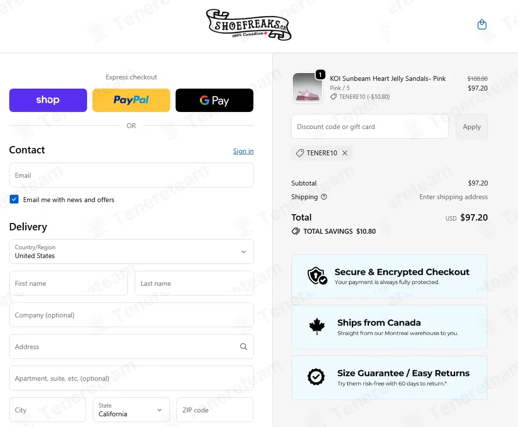 Shoe Freaks coupon code: 10% off with TENERE10. Tested and valid as 2 weeks ago.