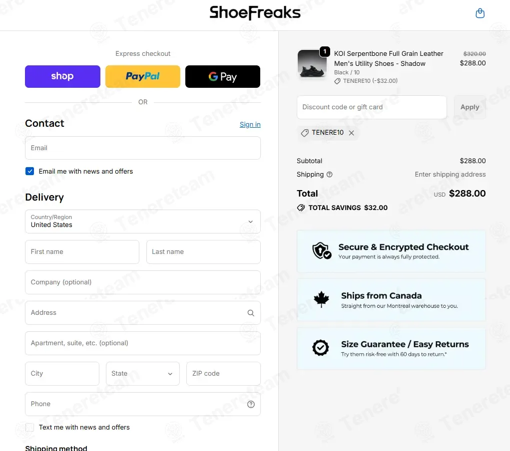 Shoe Freaks coupon code: 10% off with TENERE10. Tested and valid as 2 weeks ago.