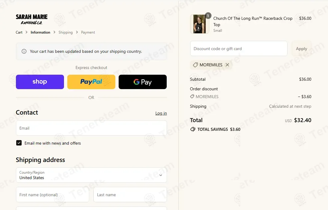 Sarah Marie Running coupon code: 10% off with MOREMILES. Tested and valid as 9 months ago.