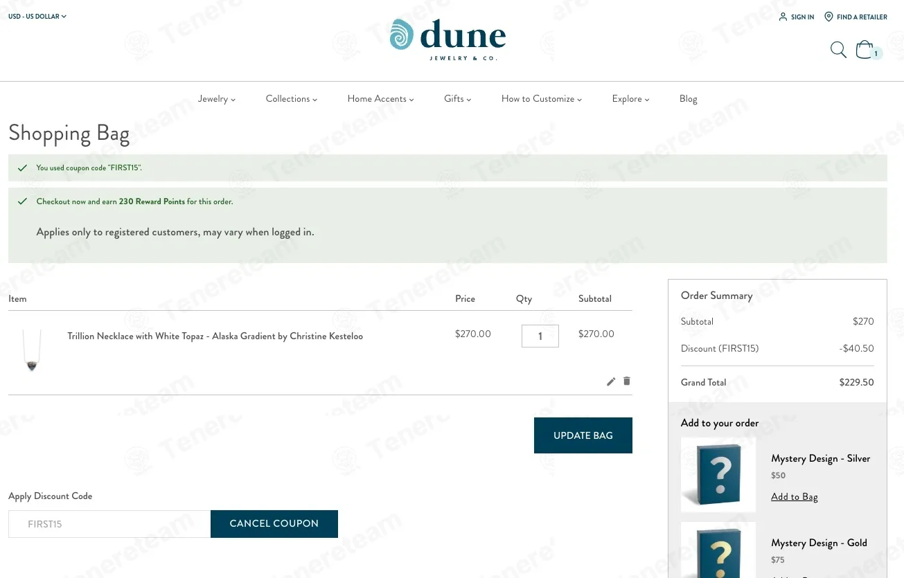 Dune Jewelry coupon code: 15% off with FIRST15. Tested and valid as 2 weeks ago.