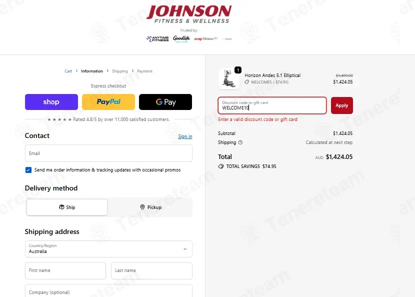 Johnson Fitness AU coupon code: 10% off with WELCOME10. Tested and valid as 4 months ago.