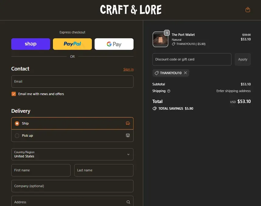 Craft and Lore coupon code: 10% off with THANKYOU10. Tested and valid as 7 months ago.