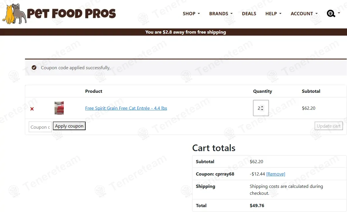Pet Food Pros coupon code: 20% off with CPRRAY68. Tested and valid as 1 year ago.