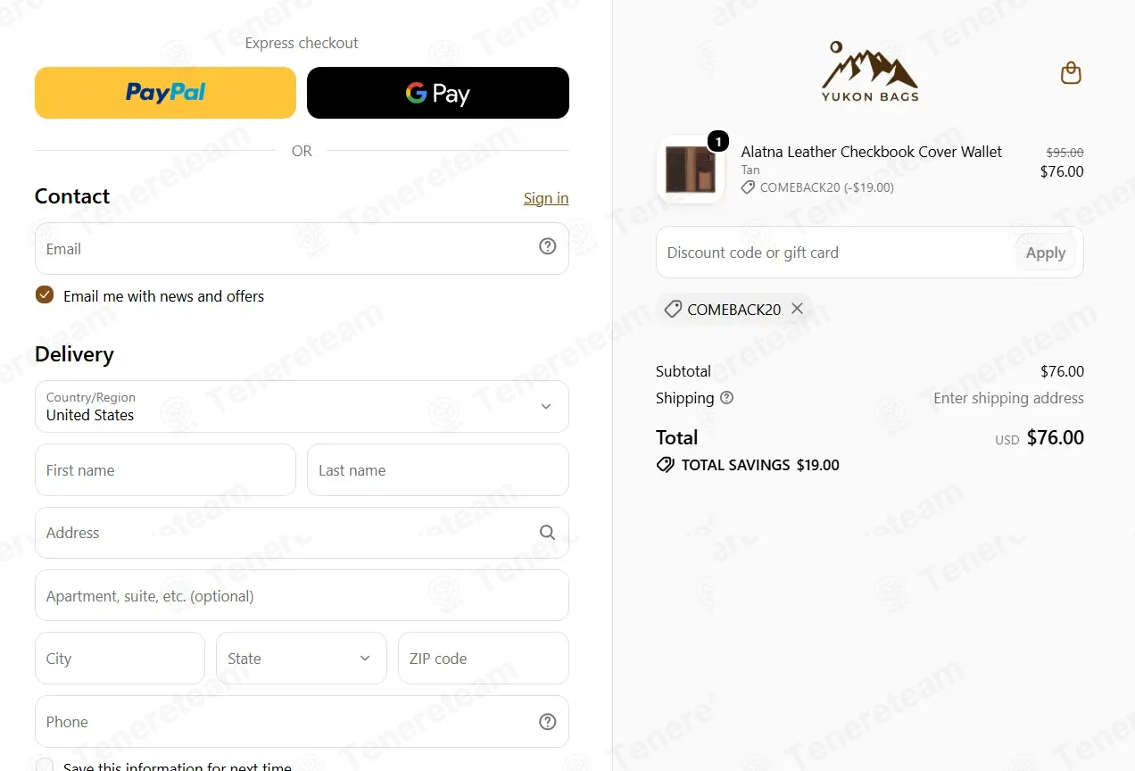 Yukon Bags coupon code verified as working at checkout