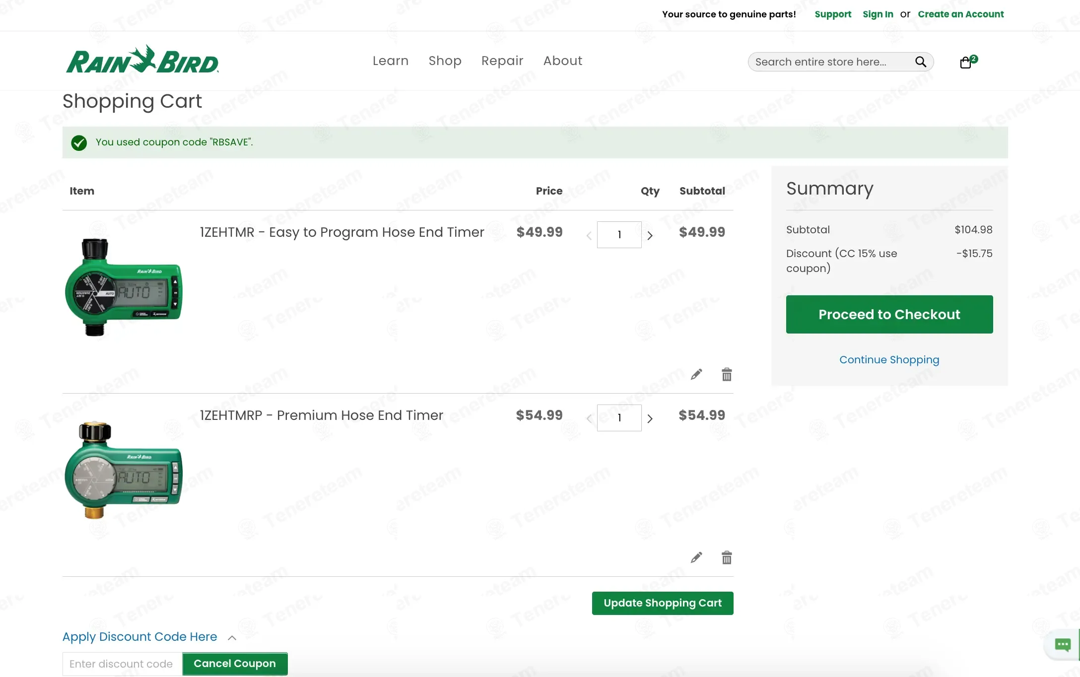 Rain Bird coupon code: 15% off with RBSAVE. Tested and valid as 1 month ago.