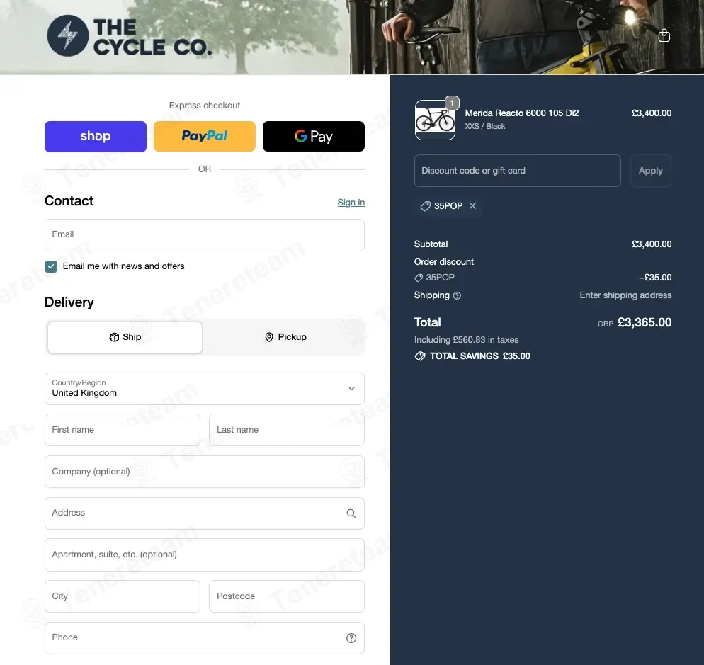 The Cycle Company coupon code: £35 off with 35POP. Tested and valid as 1 month ago.