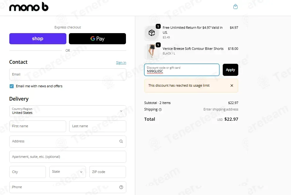 My Mono B coupon code: 15% off with N99GL6SC. Tested and valid as 2 months ago.