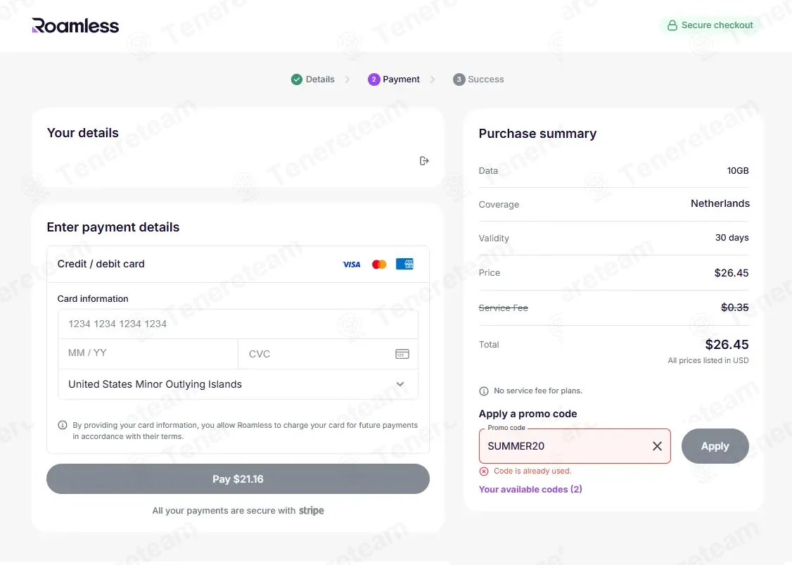 Roamless coupon code: 20% off with SUMMER20. Tested and valid as 3 weeks ago.