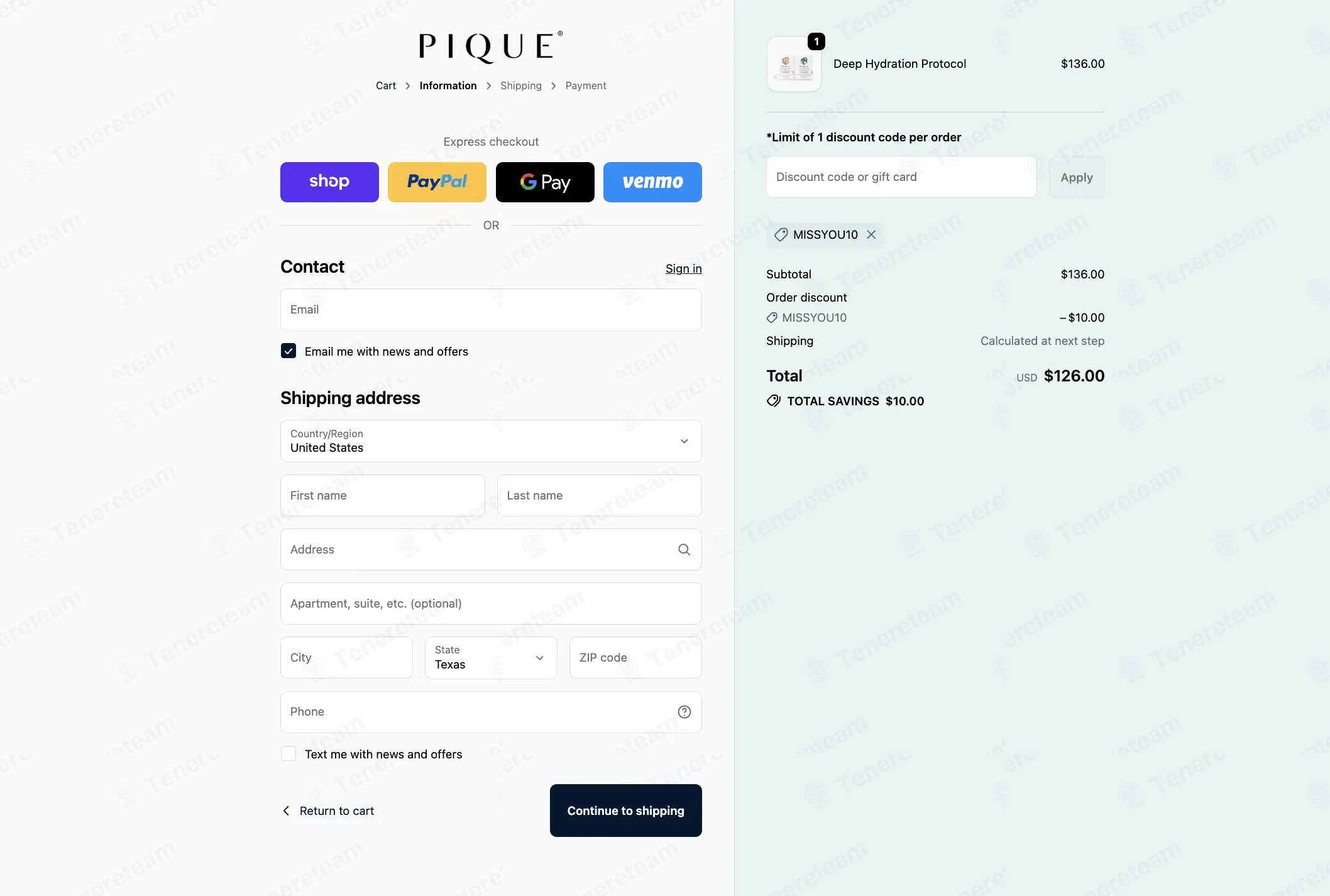PiqueTea coupon code: $10 off with MISSYOU10. Tested and valid as 8 months ago.