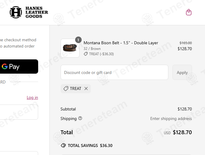 Hanks Belts coupon code: 22% off with TREAT. Tested and valid as 1 year ago.