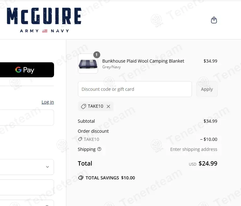 Mcguire Army Navy coupon code: $10 off with TAKE10. Tested and valid as 1 year ago.
