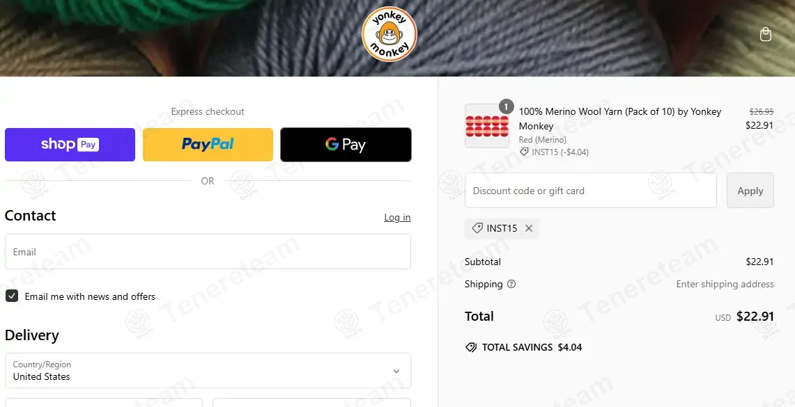 Yonkey Monkey Yarn Shop coupon code: 15% off with INST15. Tested and valid as 1 year ago.