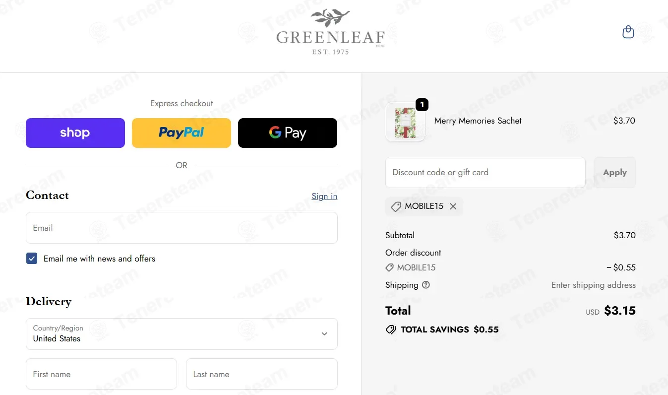 Greenleaf Gifts coupon code: 10% off with MOBILE15. Tested and valid as 7 months ago.