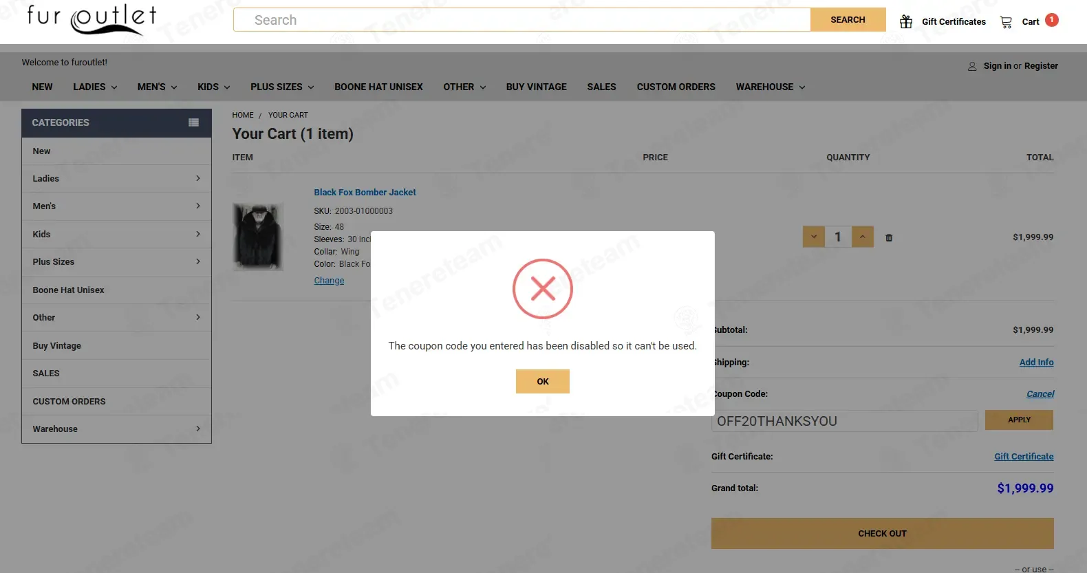 Fur Outlet coupon code: 20% off with OFF20THANKSYOU. Tested and valid as 2 months ago.